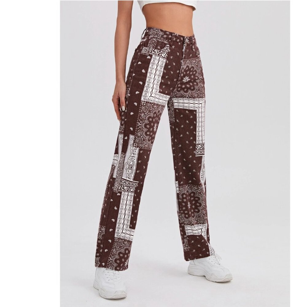 SHEIN High Waist Paisley & Geo Pattern Straight Leg Jeans